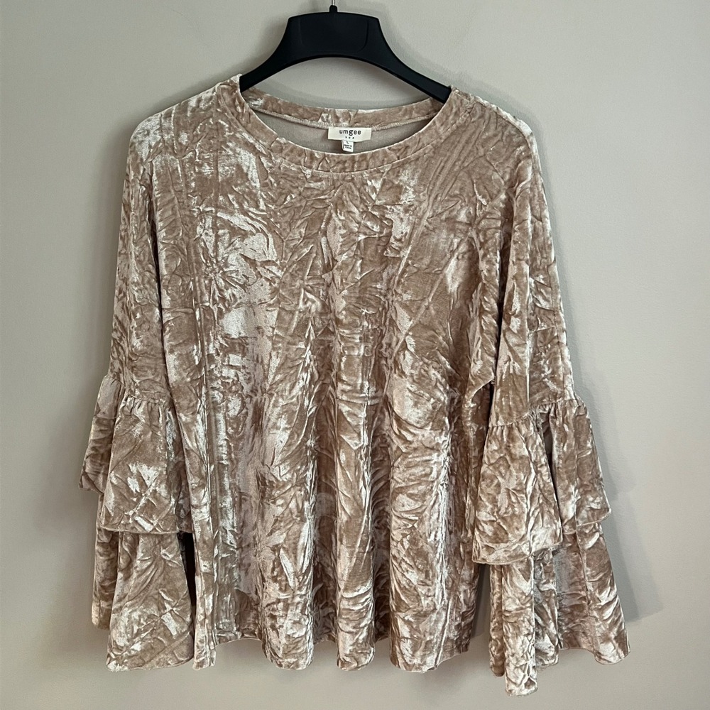 Umgee Crushed Velvet Tiered Ruffle Sleeve Top Champagne Beige L Boho Fairy